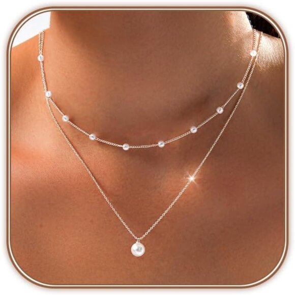 Pearl Necklace Set Women 14K Silver Plated Dainty Layered Jewelry Pearl Choker - Picture 1 of 6